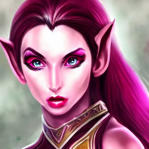 Image similar to portrait of a beautiful female high elf with magenta eyes and dark hair, digital art dnd beyond trending on art station 8 k