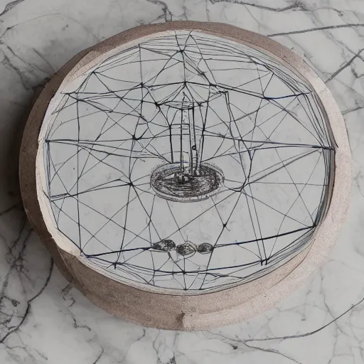 Image similar to A aged parchment with the elegant wireframe design for the Apollo moon lander module in the style of Leonardo da Vinci, on a marble table, candlelight, sigma 85mm f/1.4, award winning photo