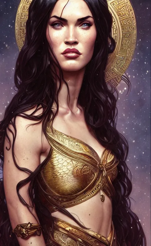 Image similar to portrait of megan fox as the goddess circe, greek mythology, intricate, headshot, highly detailed, digital painting, artstation, concept art, sharp focus, cinematic lighting, illustration, art by artgerm and greg rutkowski, alphonse mucha, cgsociety