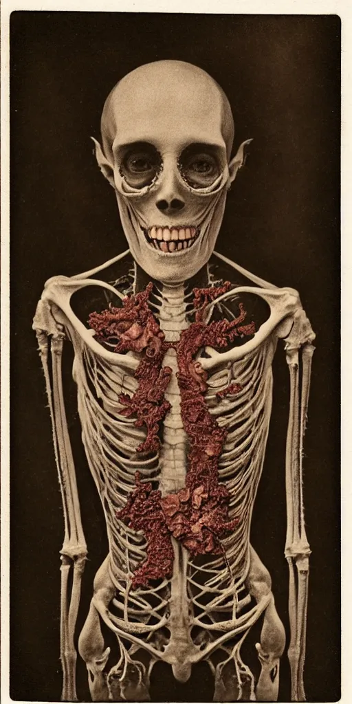 Prompt: an 1 9 1 0 polaroid photography of a very sad and detailed rotten woman corpse with fractal coral reefs and ornate growing around her face muscles, veins, arteries, bones, anatomical, skull, eye, ears, full body, intricate, surreal, ray caesar, john constable, guy denning, dan hillier, black and white