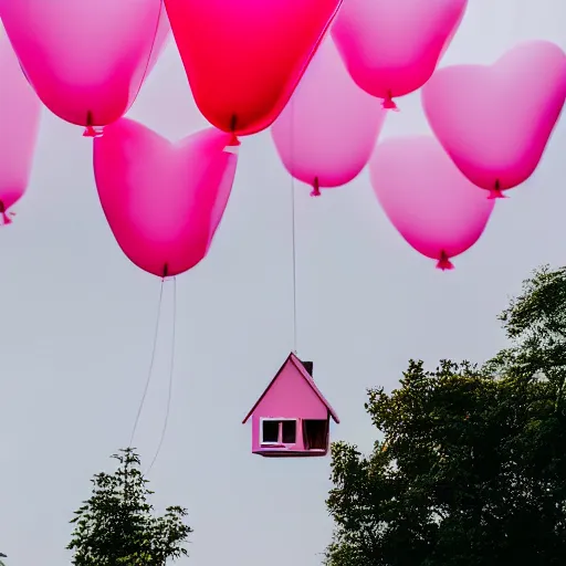 Prompt: a 5 0 mm lens photograph of a cute pink floating modern house in the air, held in by very tiny heart shaped vibrant ballons, inspired by the movie up. mist, playful composition canon, nikon, award winning, photo of the year