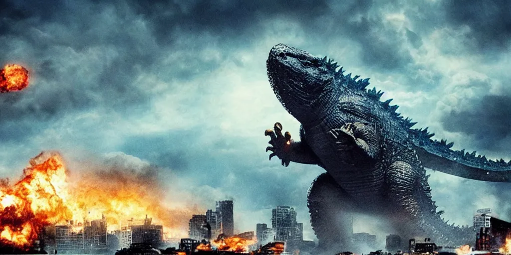Image similar to photo of godzilla blue whale octopus monster destroying a city in a block buster hollywood movie
