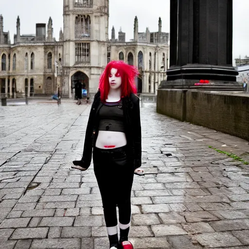 Image similar to a pale emo girl, messy black / red hair, british street background, flickr, 2 0 0 6