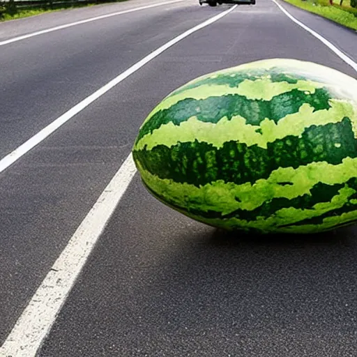 Prompt: a giant watermelon on the road,