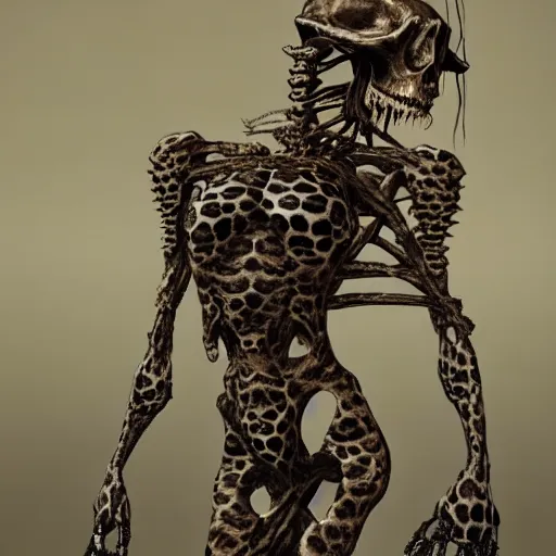 Prompt: Skull that look too much like skull!, crypt lurker!!, 8k CG character rendering of a spider-like hunting female on its back, fangs extended, wearing a leopard-patterned dress, set against a white background, with textured hair and skin.