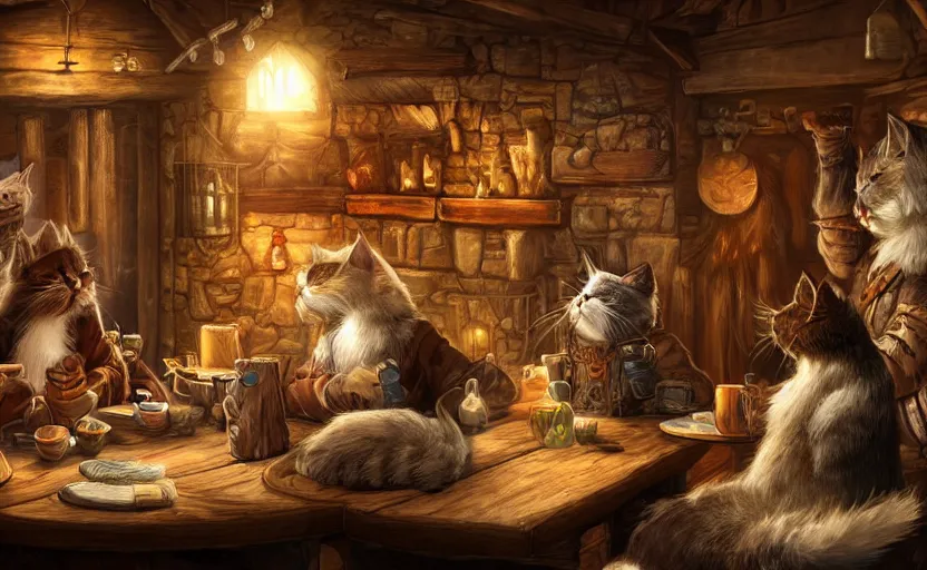 Image similar to cat folk talking inside a tavern, fantasy art, cozy, dnd, digital art, 4 k