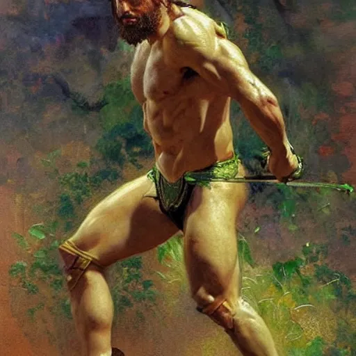 Prompt: young warrior marching, male, muscular, green eyes!!!!, straight nose!!!!!, beard, detailed face, thighs!!!!! gorgeous, amazing, muscular, intricate, highly detailed, painting by Gaston Bussiere, Craig Mullins