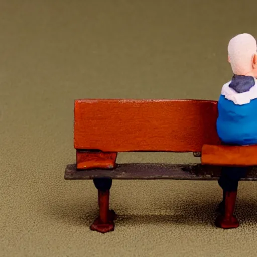 Prompt: An old man sitting on a bench, claymation