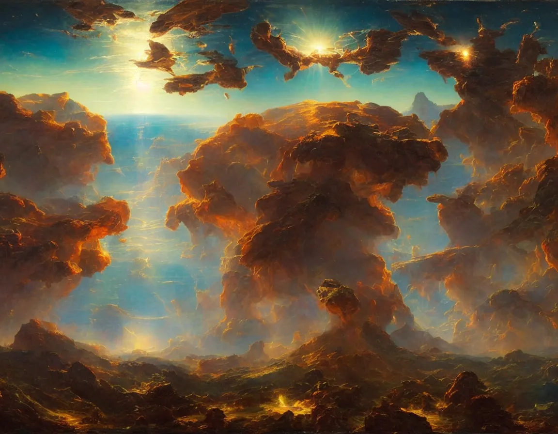 Image similar to epic galactic battle over an alien planet, concept art by albert biertadt, thomas cole, frederic edwin church, hudson river school, majestic, awe - inspiring, breathtaking