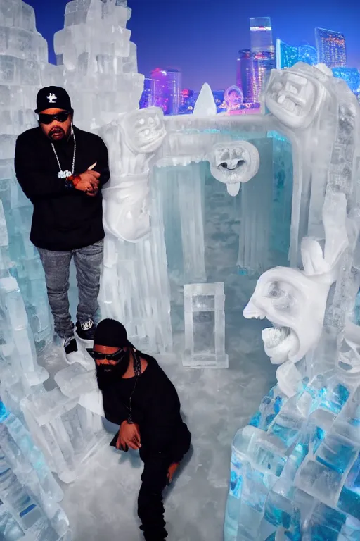 Image similar to dramatic photo, the rapper'ice cube'carving a full body ice sculpture of rapper'ice cube'at harbin ice festival, wide angle photo, award winning, artgerm, wlop, james gurney, trending on artstation