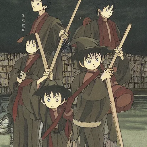 Image similar to a traffic jam of witches with their magic brooms by Studio ghibli, Kentaro Miura, Hiromu Arakawa, Koyoharu Gotouge, Takeshi obata, concept art, golden ratio