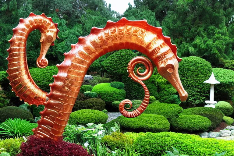 Prompt: a huge flock of many intricate elegant french horn tuba cloud seahorse sculptures, art nouveau japanese garden environment, soothing, milky way, award winning art, epic dreamlike fantasy landscape, ultra realistic,