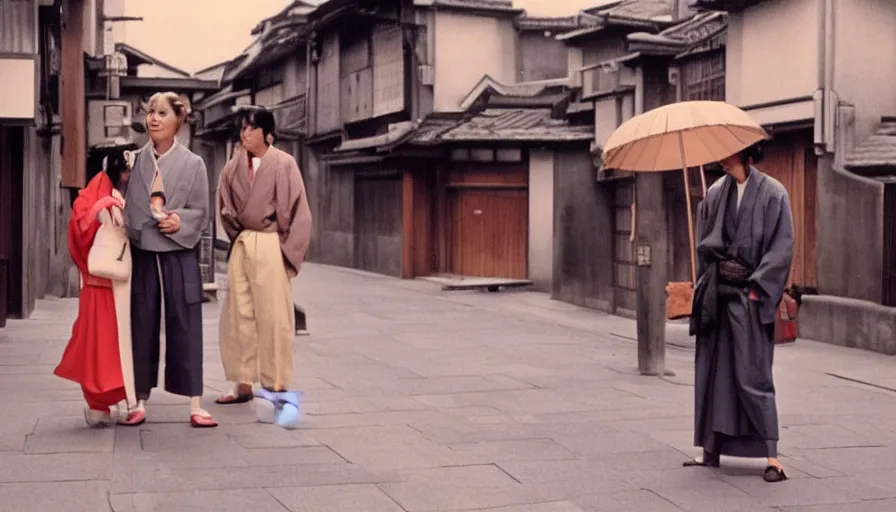 Prompt: mr. hulot lost in the streets of gion, inquiring directions from a geisha in old kyoto, cinematic 1 9 7 0, in the style. of wes anderson and jacques tati