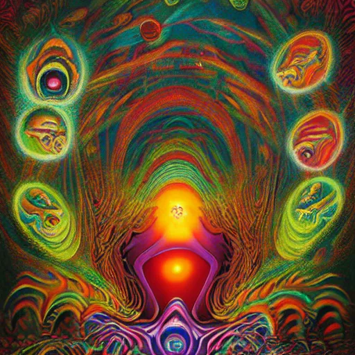 Prompt: Psychedelic DMT experience with inter-dimensional beings and insane trippy visuals in the style of an album cover by Mark Ryden and Alex Gross, Todd Schorr ,(highly detailed, 8k, UHD, fantasy, dream, otherworldly, bizzare, spirals, colourful, vivid)