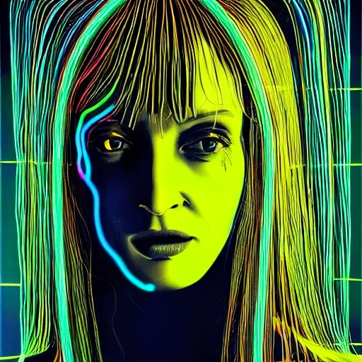 Prompt: portrait uma thurman with lots of neon wires arownd the head, futuristic, high intricate detail,