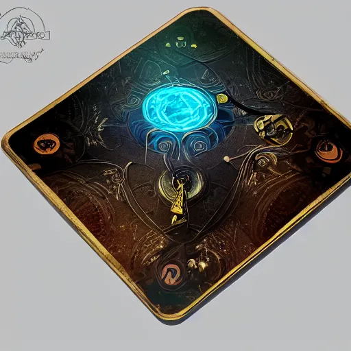 Image similar to Arcane Tarot, Fantasy, 2d Digital Art, steampunk, symmetrical centered, high quality 3D render, concept art, 4K, UHD, High quality mechanical, Badge, glow in the dark, ethereal, the void, ominous background, very detailed, stylized, trending on artstation