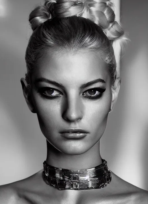 Image similar to a beautiful portrait of young flavia lucini as femme fatale as a versace fashion model spring / summer 2 0 1 2, highly detailed, in the style of cinematic, getty images, milan fashion week backstage, makeup by pat mcgrath, greg rutkowski