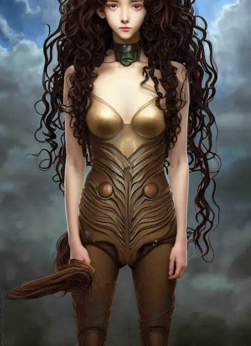 Image similar to young mysterious girl with long curly hazelnut hair, perfectly proportioned face, brown eyes, strong jawline, natural lighting, path traced, highly detailed, high quality, cartoon, digital painting, by new haicheng and studio ghibli and alphonse mucha wearing an alien armor designed by h. r. giger