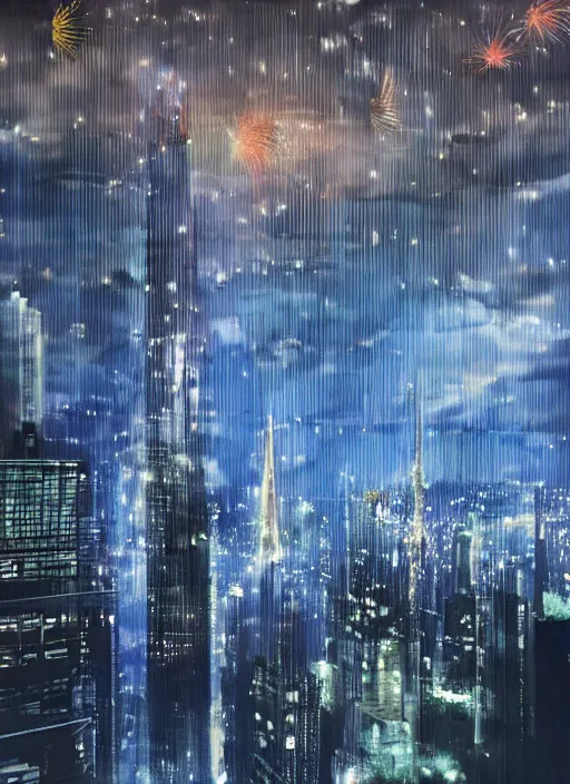 Prompt: seeing fireworks on the top of a skyscraper with lightning storm in the background on trending on art station photo realistic-W 704