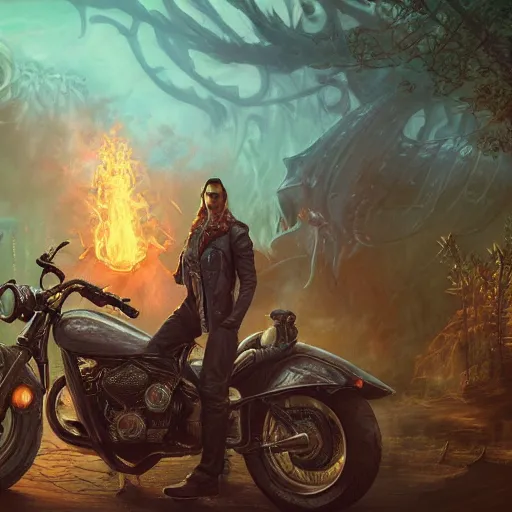 Image similar to a Mindflayer in a leather jacket and speedos is standing beside a demonic motorcycle, garden, fullbody, summer, 8k resolution matte fantasy painting, cinematic lighting, DeviantArt, Artstation, Jason Felix Steve Argyle Tyler Jacobson Peter Mohrbacher