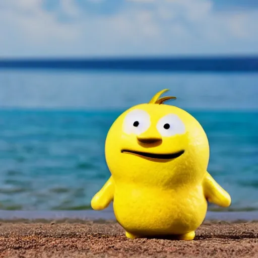 Image similar to happy lemon animated character enjoying relaxing sunny beach