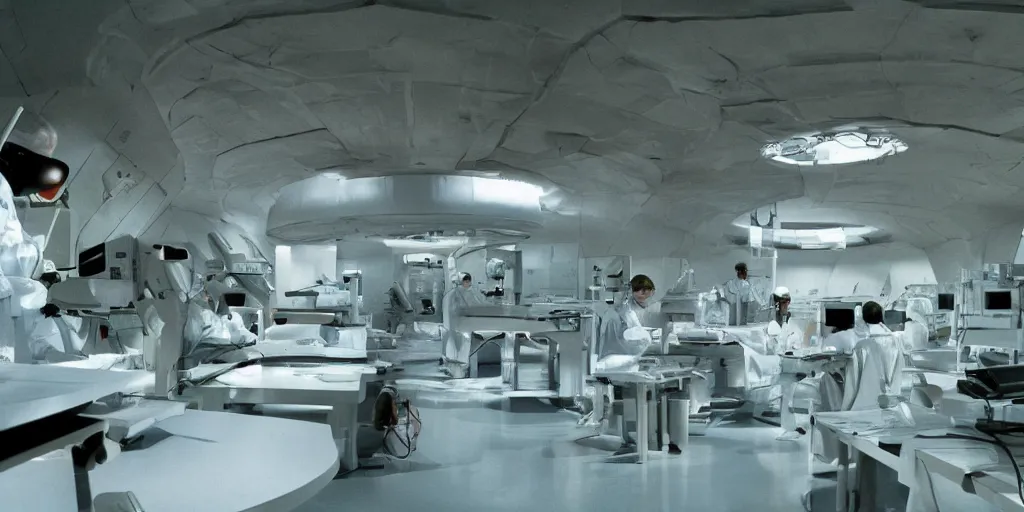 Prompt: cinematic film still of a dark science fiction movie, research lab in a mountain area, secretive facility, strange architecture, by ridley scott,