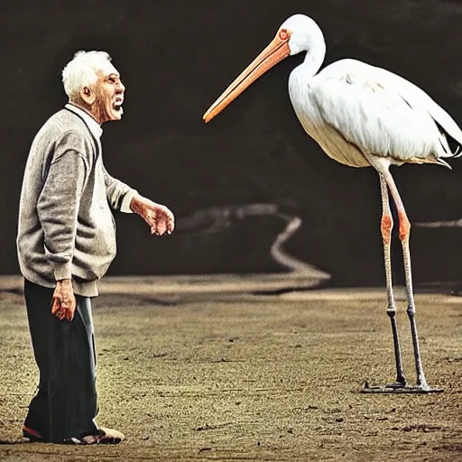 Image similar to an old man arguing with a stork, the stork is winning, stork is shouting at the old man, award-winning photograph, national geographic, trending on Facebook