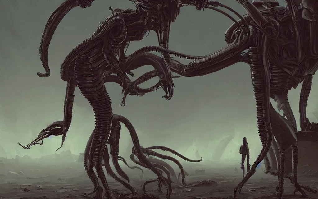 Image similar to A Xenomorph from the movie Alien. Digital art, Simon Stålenhag.