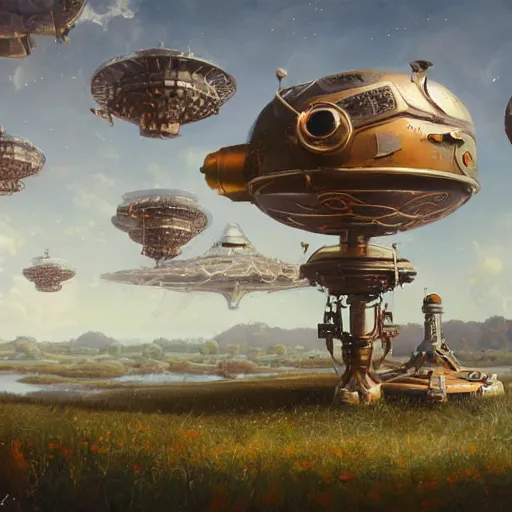 Image similar to painting of artlilery spaceship with ornate metal work lands in country landscape, filigree ornaments, volumetric lights, norm rockwell, simon stalenhag