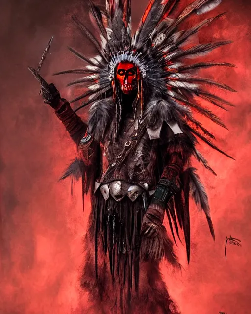 Image similar to the ghost - spirit of the grim - warpaint wears the scarlet skull armor and native blood headdress feathers, midnight fog - mist!, dark oil painting colors, realism, cinematic lighting, various refining methods, micro macro autofocus, ultra definition, award winning photo