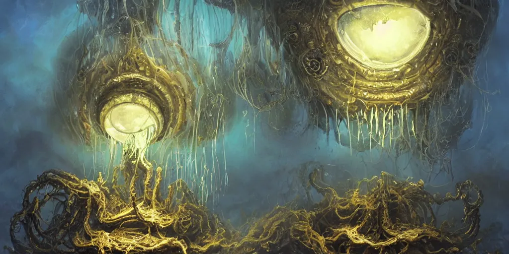 Image similar to concept art of giant translucent glowing jellyfishes, lovecraftian divers helmet, lots of teeth, melting horror, round moon, rich clouds, fighting the horrors of the unknown, high resolution, very detailed, volumetric light, mist, grim, fine art, decaying, textured oil over canvas, epic fantasy art, very colorful, ornate, anato finnstark