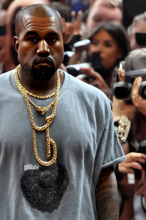 Image similar to kanye west wearing diamond miami cuban link chain with kanye head pendant made out of gold and diamonds