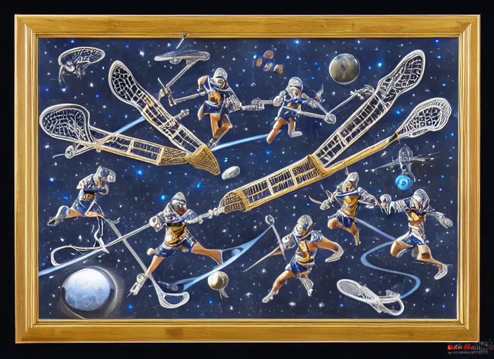 Prompt: lacrosse team playing chitauri, intergalactic championship, in space, highly detailed, 8k, intricate, engraving