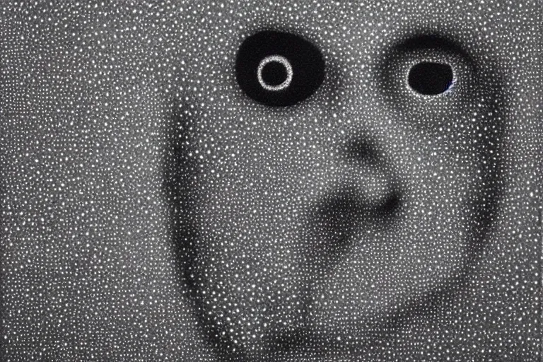 Image similar to face made out of mist, faceless people dark, dots, drip, stipple, pointillism, technical, abstract, minimal, style of francis bacon, asymmetry, pulled apart, cloak, hooded figure, made of dots, abstract, balaclava