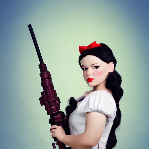 Image similar to snow - white holding a rocket launcher. portrait photography.