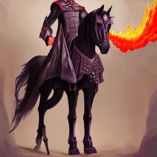 Image similar to Strahd Van Zarovich standing beside flamming horse, digital art