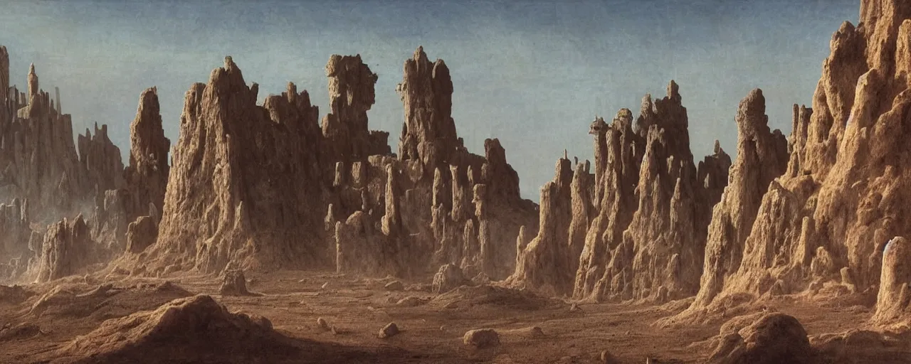 Prompt: ancient cities, castles, fortresses built by demigods aeons ago buried under time and sand on barren desert exoplanet by James Gurney, by Caspar David Friedrich, by Beksinski and Alex Gray
