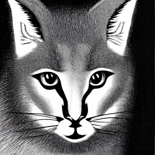 Image similar to black and white illustration, creative design, cute fluffy caracal, by junji ito