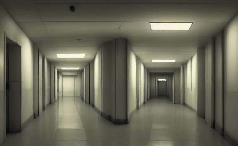 Prompt: an hallway in hospital, octane render, artstation trending, highly detailded