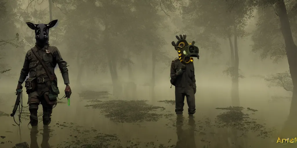 Image similar to a beautifully strange image of a gamekeeper wearing a dieselpunk mechanical fluorescent mystical animal mask. walking in the misty, dangerous river. in style of fornite game. award winning. dramatic. trending on artstation. high quality. rendered by beeple, by makoto shinkai, syd meade, digital art, unreal engine 5, fornite game. octane render