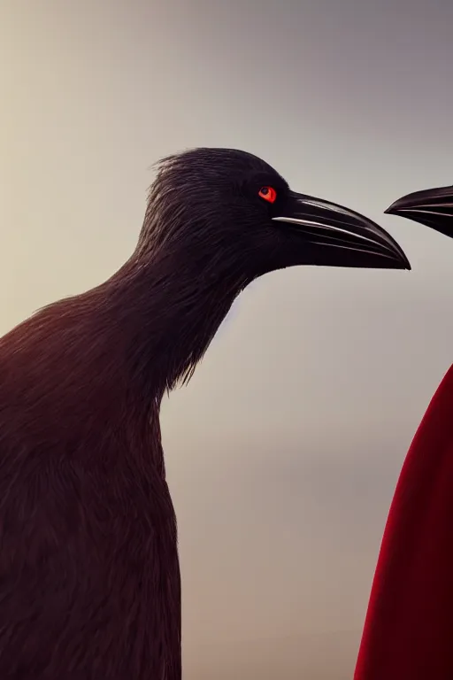 Prompt: 2 Crows wearing a red formal overcoat, hyperrealistic, concept art, octane render, unreal engine 5, trending on DeviantArt, highly detailed, high quality, 8K, soft lighting, cute, natural lighting, realistic face, trending on Artstation, elegant clothes, profile picture, path traced, house background