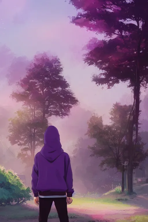 Image similar to young man in a purple hoodie, back view, messy short brown hair, detailed neighbourhood background, trees, colourful, 8 k, anime, ghibli style, graphic novel, digital art trending on artstation, volumetric lighting, octane render, cinematic, hyper detailed