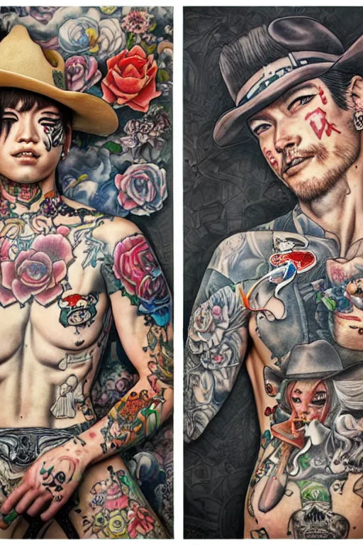 Image similar to full view, from a distance, of cowboys with tattoos, style of yoshii chie and hikari shimoda and martine johanna, highly detailed