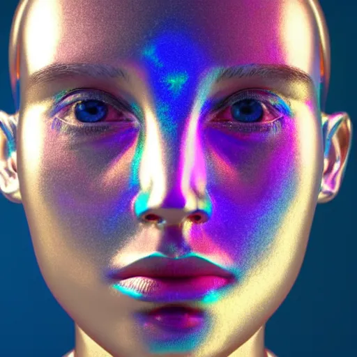 Image similar to 3d render of holographic human robotic head made of glossy iridescent, surrealistic 3d illustration of a human face non-binary, non binary model, 3d model human, cryengine, made of holographic texture, holographic material, holographic rainbow, concept of cyborg and artificial intelligence