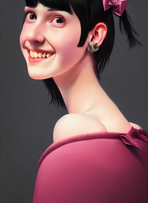 Image similar to portrait of high school girl, realistic, black hair, bangs, half updo hairstyle, pointy nose, skinny, smile, ugly, defined jawline, big chin, pink hair bow, earrings, intricate, elegant, glowing lights, highly detailed, digital painting, artstation, sharp focus, illustration, art by wlop, mars ravelo and greg rutkowski