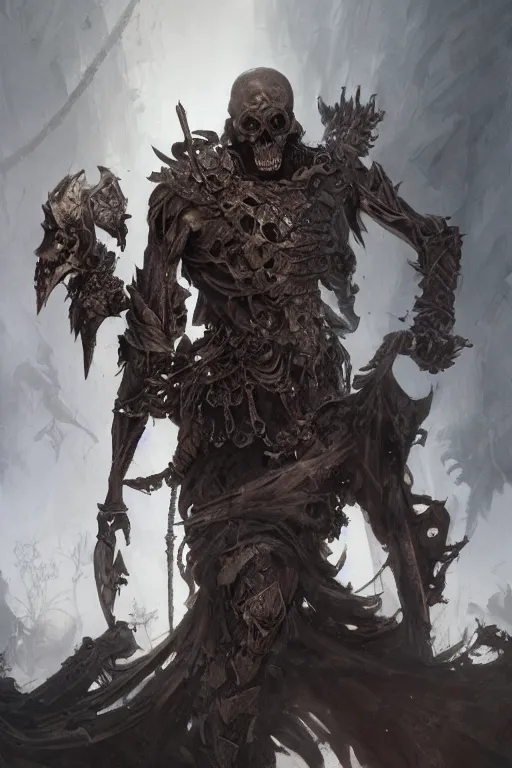 Prompt: skeleton warrior, dark, intricate, highly detailed, epic, digital painting, artstation, concept art, digital illustration by Ruan Jia and Mandy Jurgens and Wayne Barlowe and Greg Rutkowski and Zdislav Bekinski