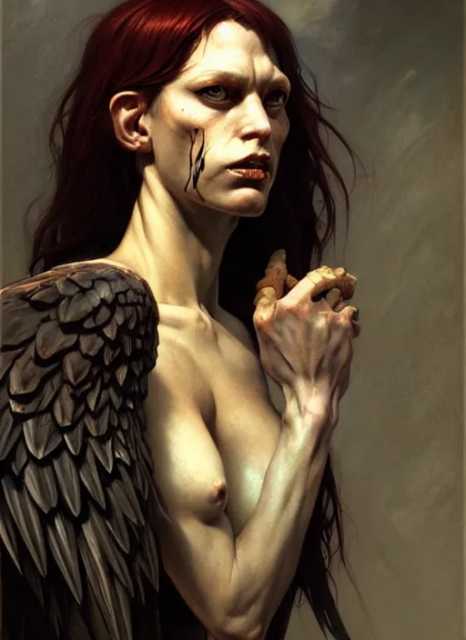 Prompt: harpy, portrait, savage, realistic, dnd character art portrait, dark fantasy art, matte fantasy painting, deviantart artstation, by jason felix by steve argyle by tyler jacobson by edgar maxence and caravaggio and michael whelan and delacroix