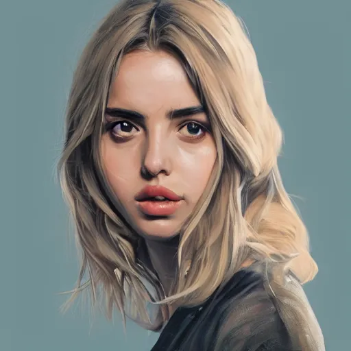 Image similar to Realistic painting of Ana de Armas with a blond hair, profile picture by Greg Rutkowski, asymmetrical, Organic Painting , Matte Painting, geometric shapes, hard edges, street art, trending on the artstation:2 by Sachin Teng:4, blur: -4