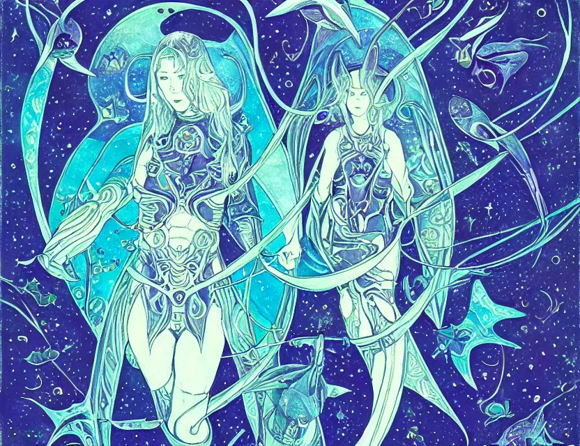 Prompt: priestess of galactic manta rays. gouache painting by award - winning mangaka, intricate details, chiaroscuro, bloom, backlighting
