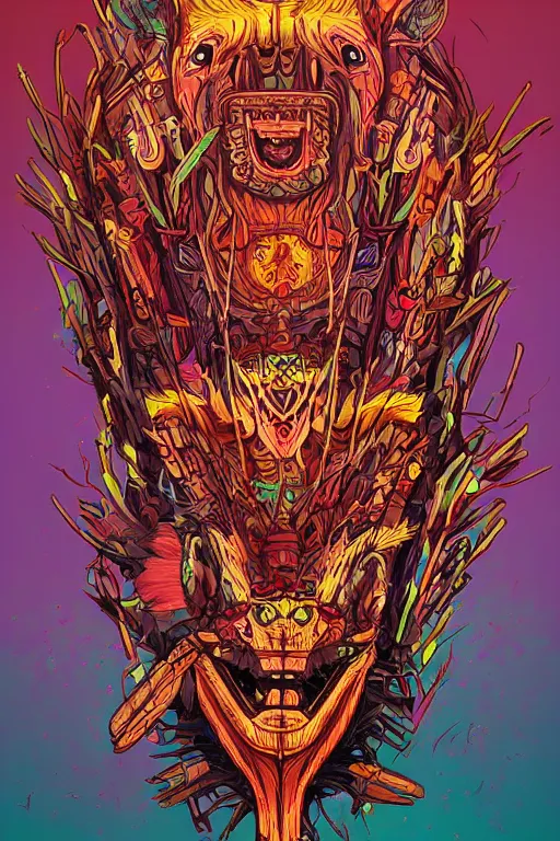 Image similar to totem animal tribal chaman vodoo mask feather gemstone plant wood rock video game illustration vivid color borderlands by josan gonzales and dan mumford radiating a glowing aura